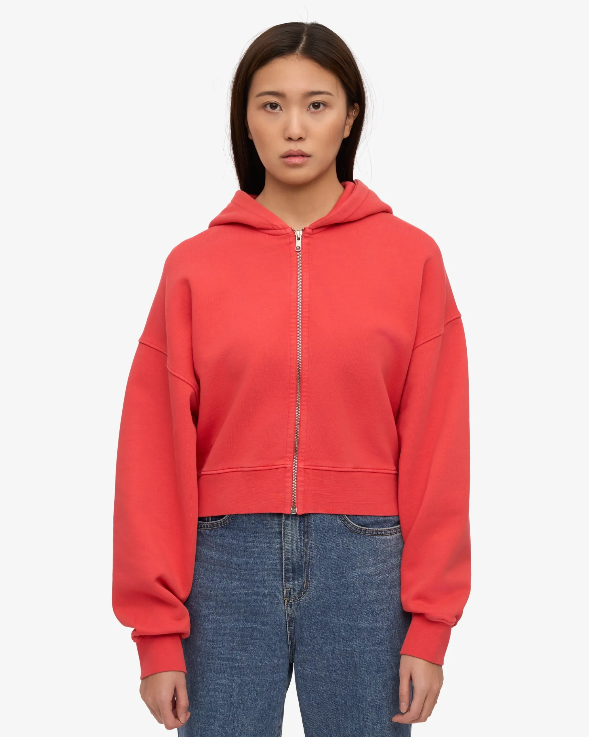 Organic Crop Zip Hood - Red Tangerine