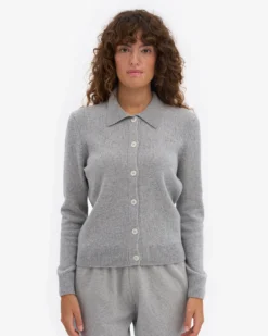 Women Merino Wool Collar Cardigan - Heather Grey