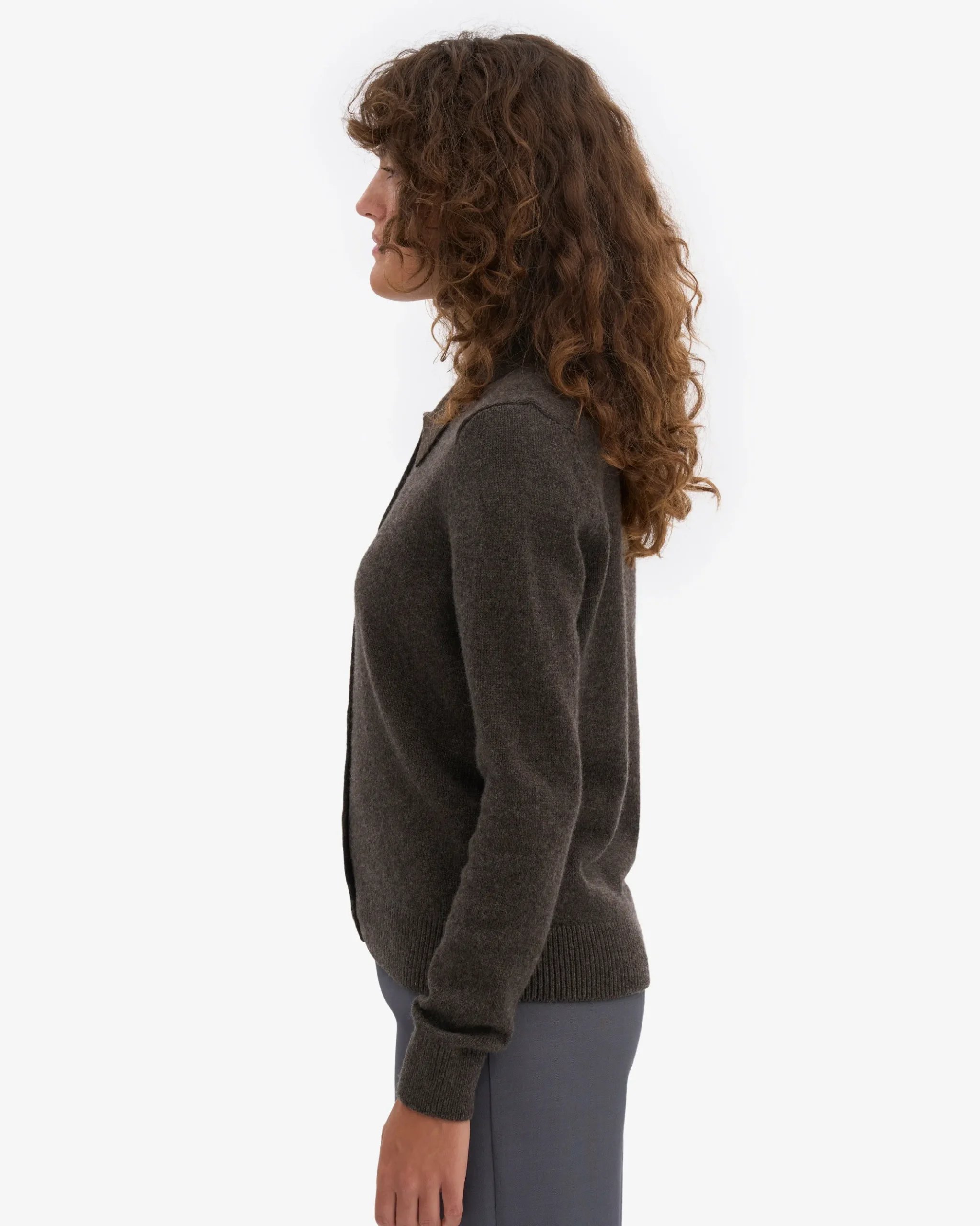 Women Merino Wool Collar Cardigan - Coffee Brown