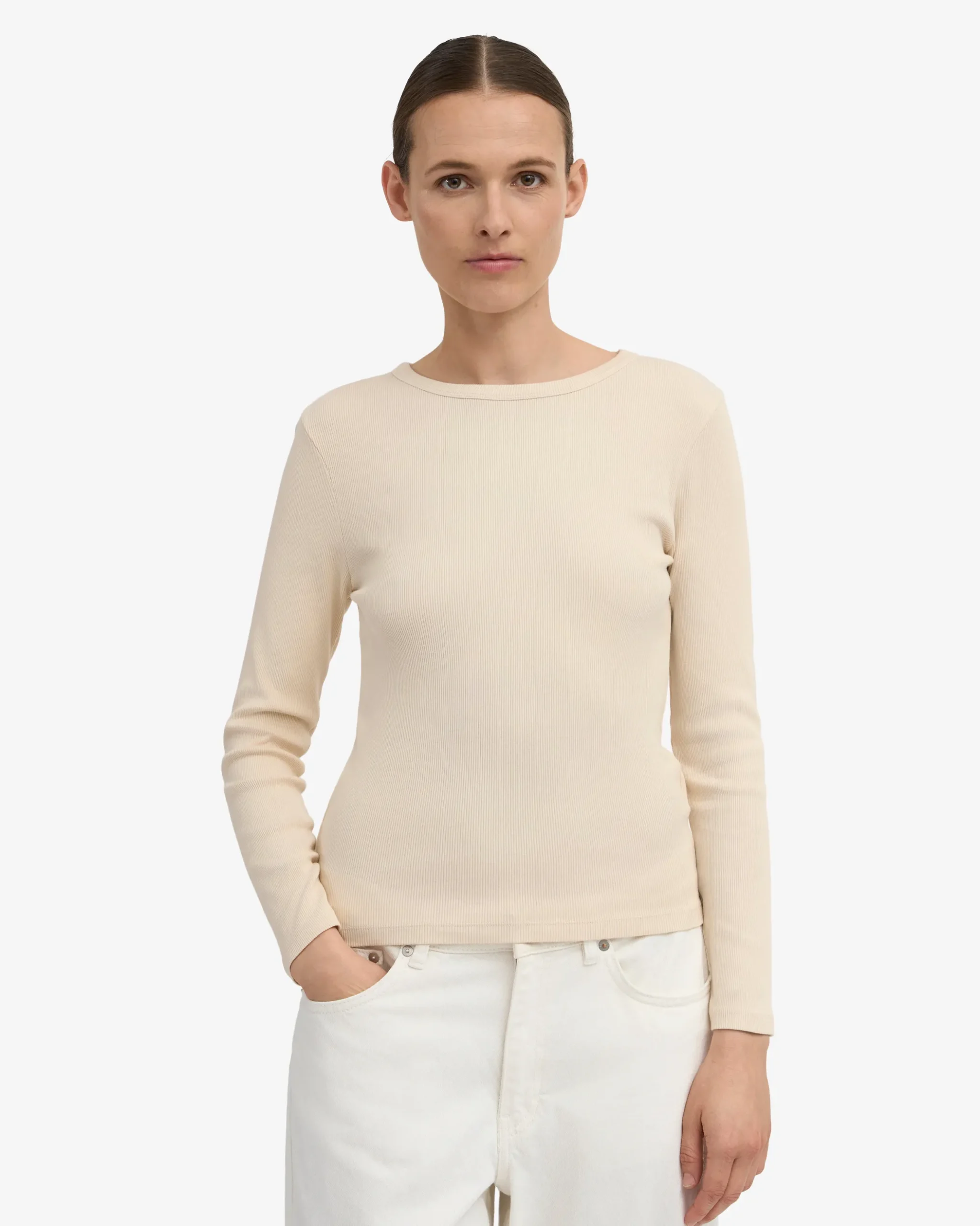 Women Organic Rib LS T-Shirt - Ivory White
