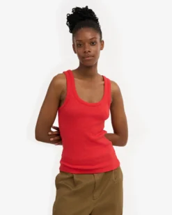 Women Organic Rib Tank Top - Red Tangerine